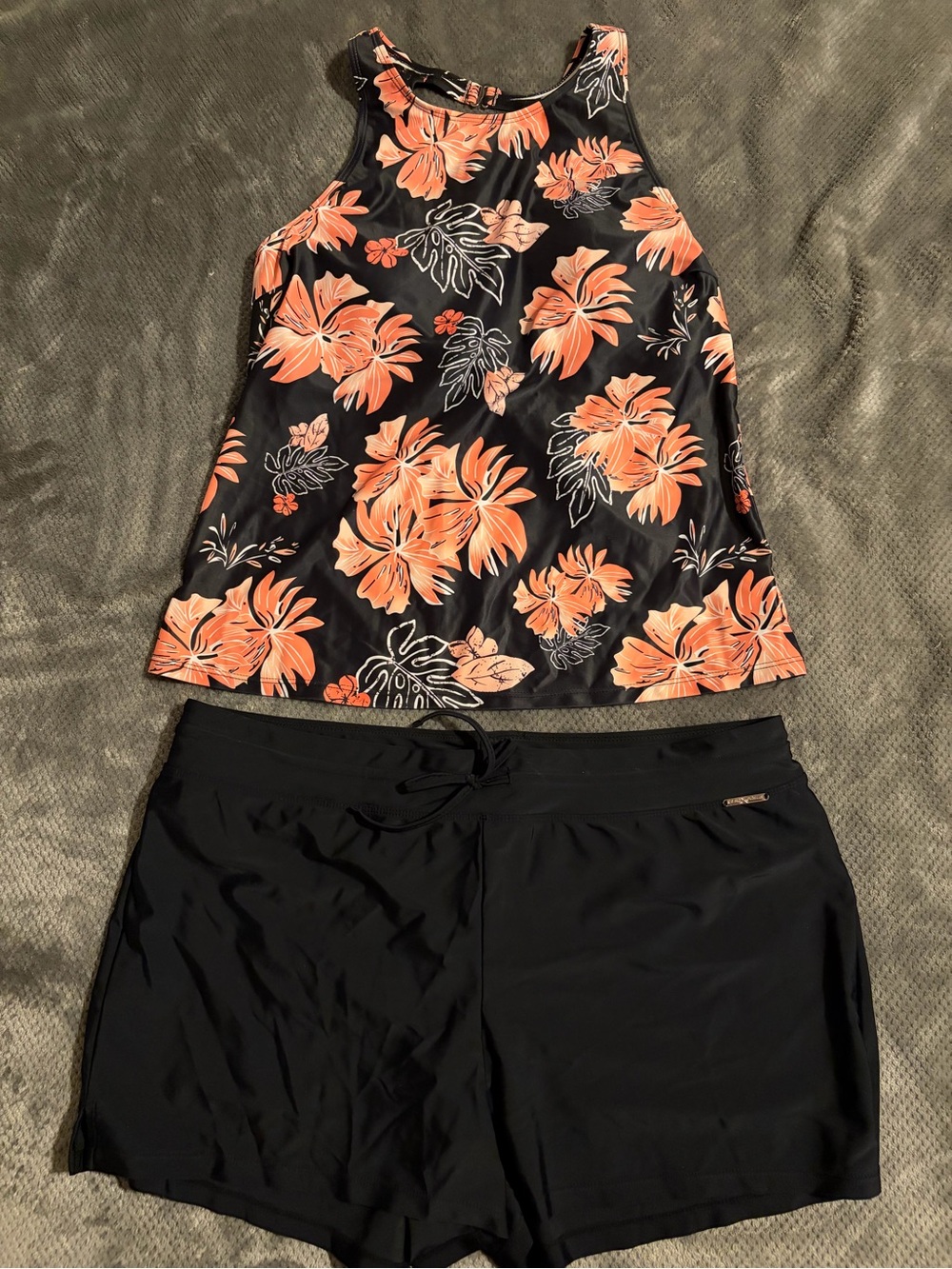 Women’s Black Floral Tankini Top and Black Swim Shorts Swim Set